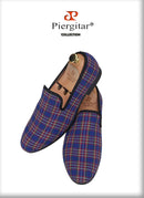 Piergitar 2021 New Handmade Scottish Plaid Men Fabric Shoes Men casual Loafers Plus Size Classic Smoking Slippers Flats