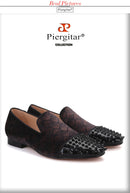 Piergitar 2022 Plaid Design Brown Velvet Men Studded Shoes Handmade Red Bottom Men's Loafers For Party And Banquet Plus Size