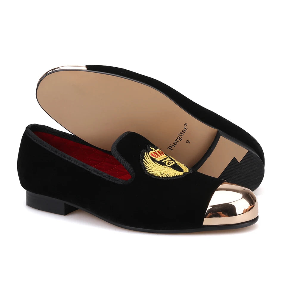 Piergitar 2019 New Style Men Velvet Shoes Metal toe with handwork embroidery Smoking Slipper Men's Flats shoes plus size