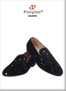Piergitar 2021 Black Velvet Gold Dot Print Moccasin Handmade Men's Loafers British Classic Style Smoking Slippers Plus Size