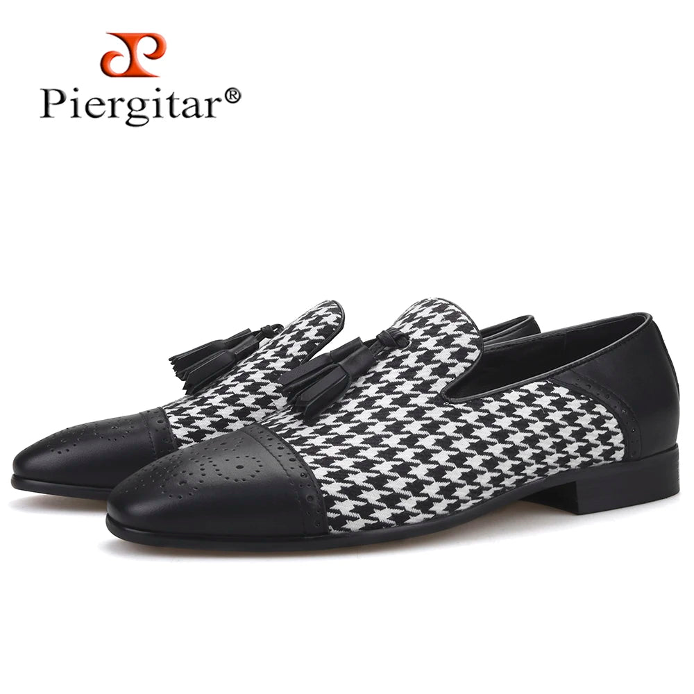Piergitar brand new design houndstooth pattern men tassel shoes handmade men's loafers for party and prom men smoking slipper