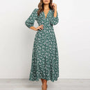 Women's Summer Bohemian Floral Print Long Maxi Dress Retro 3/4 Sleeve V-Neck Button Down High Waist Sundress Streetwear