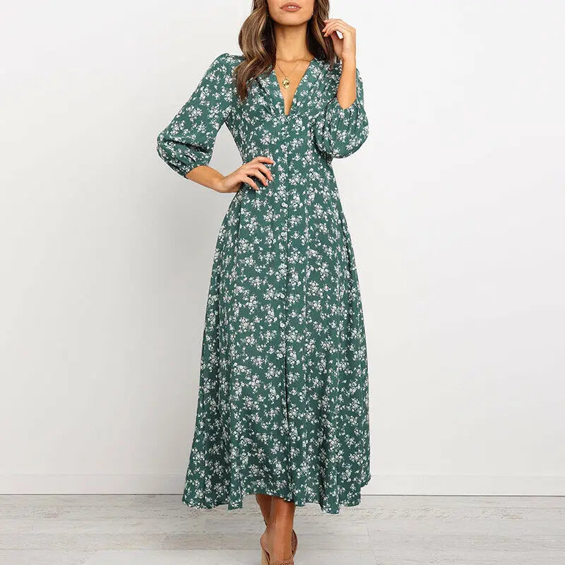 Women's Summer Bohemian Floral Print Long Maxi Dress Retro 3/4 Sleeve V-Neck Button Down High Waist Sundress Streetwear