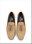 Men's canvas smoking slippers with leather tassel and two colors.