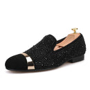 Handmade Black Diamonds men's suede loafer with gold strap and leather insole, for banquets and prom
