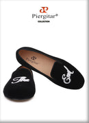 Piergitar 2019 Handmade Men velvet loafers with letters embroidery party and prom men's classic smoking slippers plus size