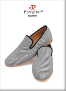 Piergitar 2019 New British style men's loafers Black and white striped canvas fashion men smoking slippers plus size male flats