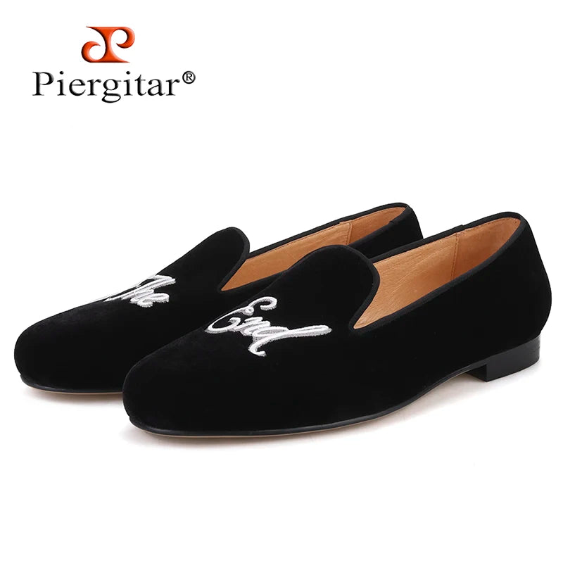 Piergitar 2019 Handmade Men velvet loafers with letters embroidery party and prom men's classic smoking slippers plus size