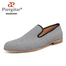Piergitar 2019 New British style men's loafers Black and white striped canvas fashion men smoking slippers plus size male flats