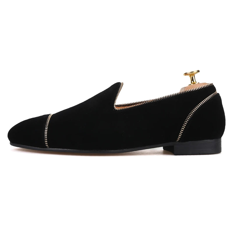 Piergitar Black colors velvet handmade men's loafers with Zippers design party and wedding smoking slippers leather insole