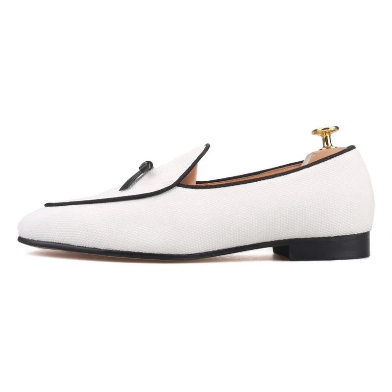 Custom made men's loafers with a two-color cotton canvas and a leather bow tie in fashion for weddings, parties and other occasions