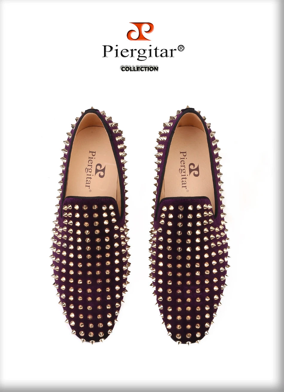 Piergitar 2019 Handmade Purple velvet with gold rivets men loafers Fashion Party and prom somking slippers plus size men's shoes