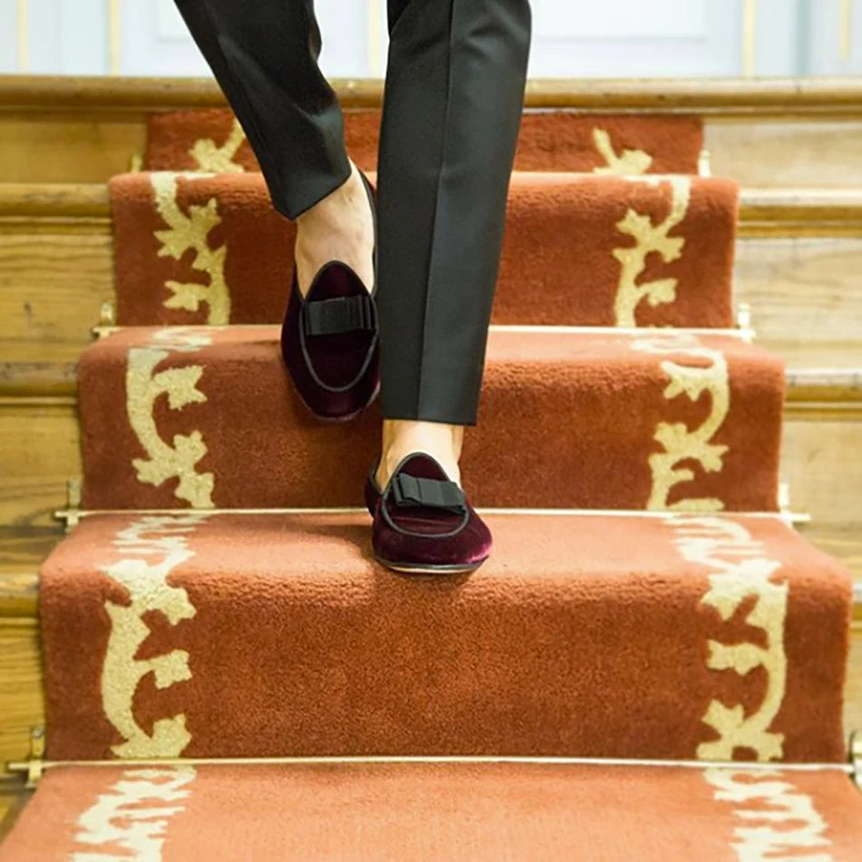 Piergitar 2019 dark red colors velvet men shoes with bow-knot designs Wedding men's loafers handmade men smoking slippers