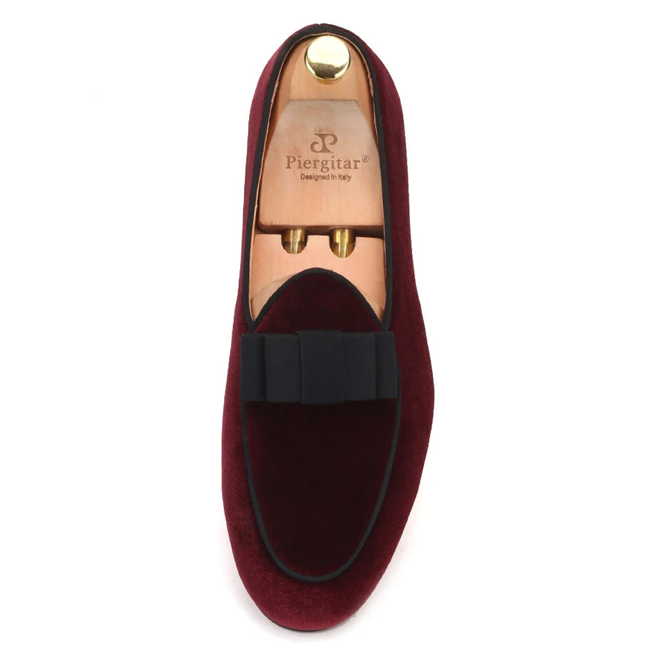 Piergitar 2019 dark red colors velvet men shoes with bow-knot designs Wedding men's loafers handmade men smoking slippers