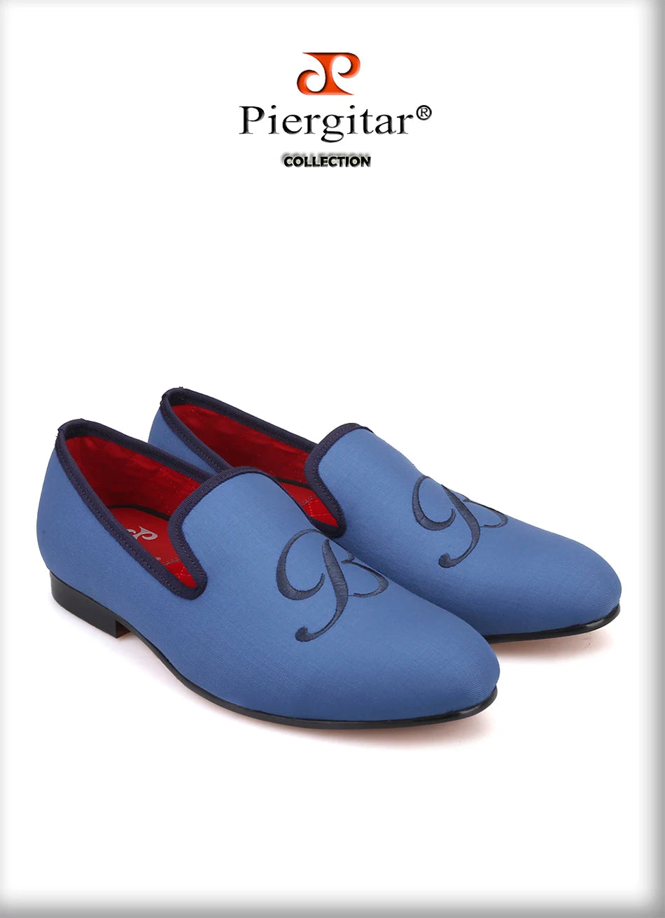 PIERGITAR 2019 new letters embroidery men fabric shoes Fashion prom and Banquet men's loafers British style smoking slippers