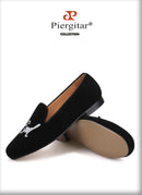 Piergitar 2019 Handmade Men velvet loafers with letters embroidery party and prom men's classic smoking slippers plus size