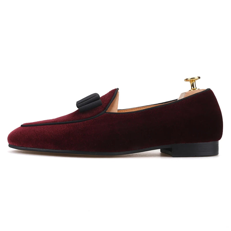 Piergitar 2019 dark red colors velvet men shoes with bow-knot designs Wedding men's loafers handmade men smoking slippers