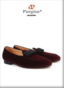 Piergitar 2019 dark red colors velvet men shoes with bow-knot designs Wedding men's loafers handmade men smoking slippers