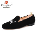 Piergitar 2019 Handmade Men velvet loafers with letters embroidery party and prom men's classic smoking slippers plus size