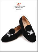 Piergitar 2019 Handmade Men velvet loafers with letters embroidery party and prom men's classic smoking slippers plus size
