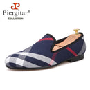 Piergitar Blue and white plaid canvas shoes luxurious brand men loafers black pig leather insole men's casual shoes men's flats