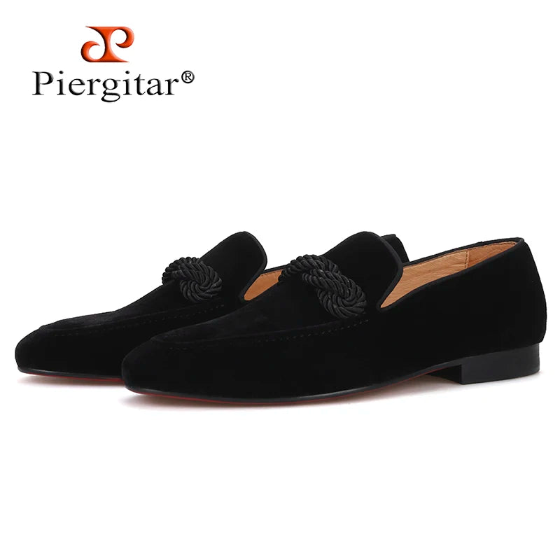 Piergitar 2023 New Black Colors Velvet Men Loafers With Handmade Rape Party And Prom Men's Casual Shoes Red Bottom Plus Size