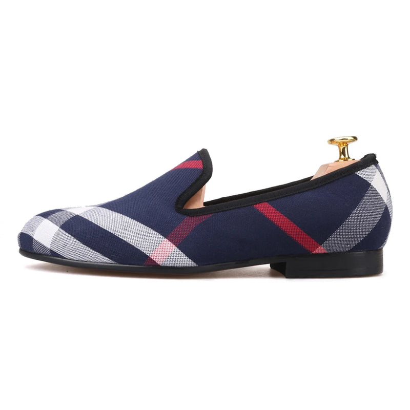 Piergitar Blue and white plaid canvas shoes luxurious brand men loafers black pig leather insole men's casual shoes men's flats