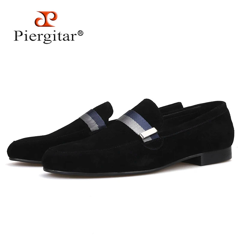 Piergitar Handcraft Men suede shoes with mixed lace Men Smoking Slipper Fashion Party and banquet men's loafers Plus size