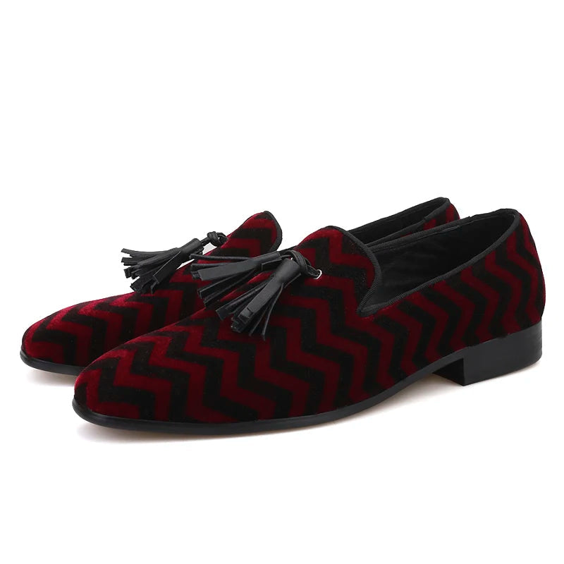 Mix color plaid pattern men's velvet shoes with black leather tassels for wedding and party men's dress shoes