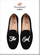 Piergitar 2019 Handmade Men velvet loafers with letters embroidery party and prom men's classic smoking slippers plus size