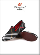 Piergitar Blue and white plaid canvas shoes luxurious brand men loafers black pig leather insole men's casual shoes men's flats