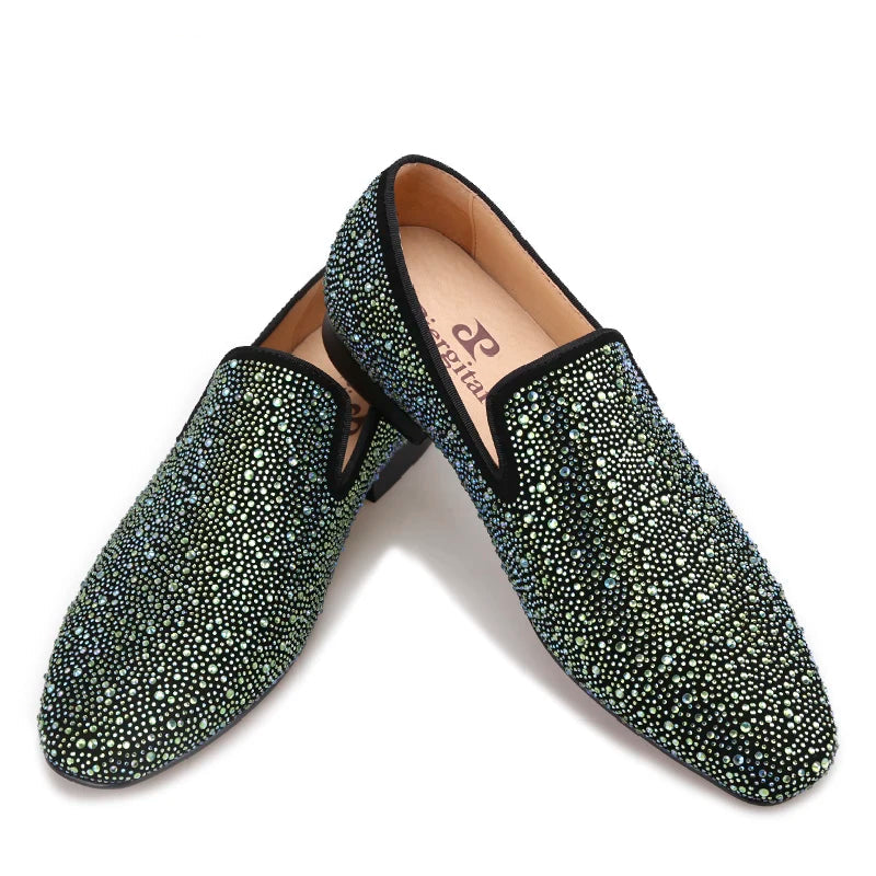 Men's leather shoes with mixed color shining rhinestone luxury brand party and wedding male flats