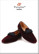 Piergitar 2019 dark red colors velvet men shoes with bow-knot designs Wedding men's loafers handmade men smoking slippers