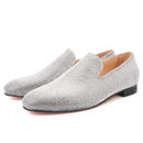 Handmade men's smoking slippers and loafers in red bottoms for weddings and parties.