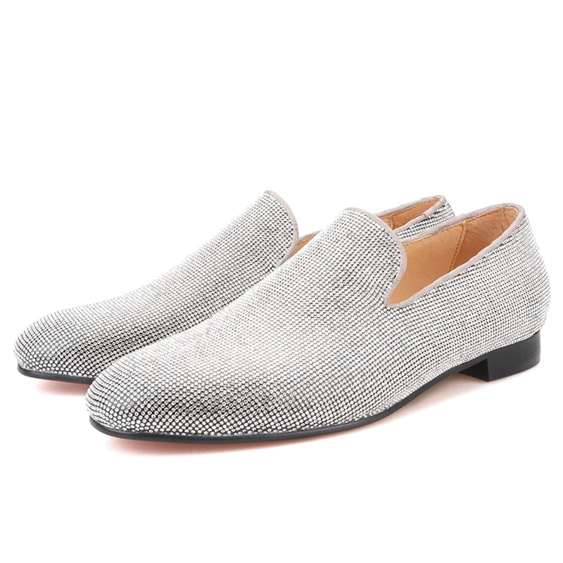 Handmade men's smoking slippers and loafers in red bottoms for weddings and parties.