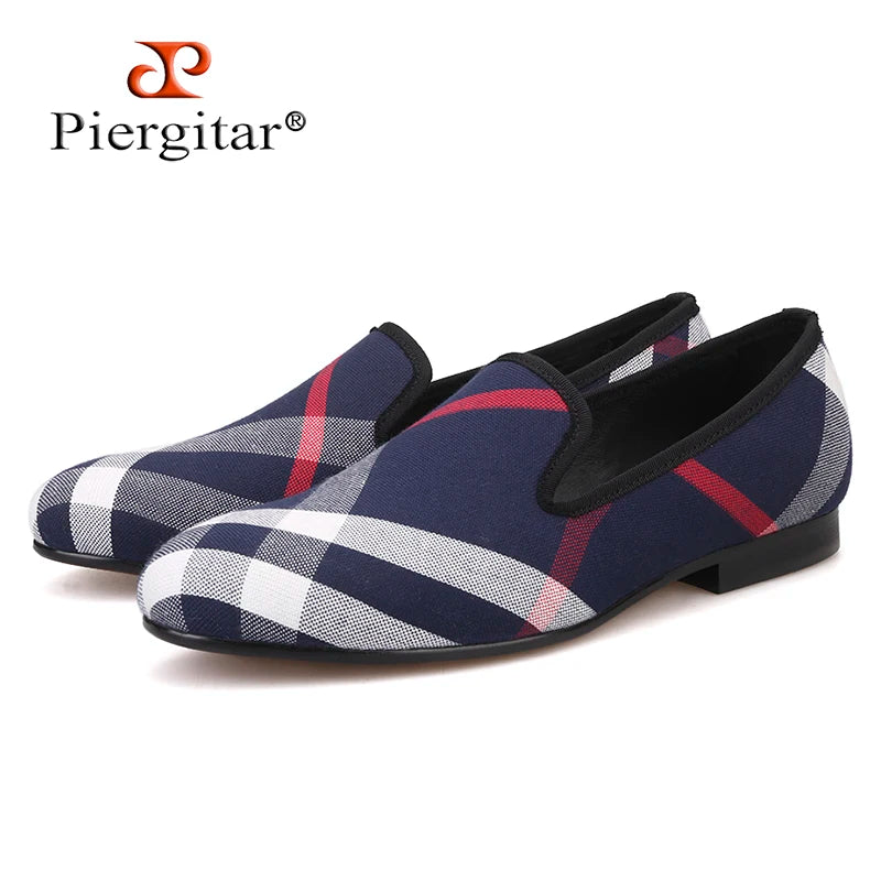 Piergitar Blue and white plaid canvas shoes luxurious brand men loafers black pig leather insole men's casual shoes men's flats