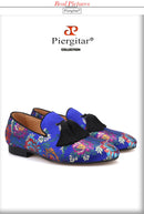 Piergitar brand 2019 new arrival Floral printing men loafers with big tassel wedding and prom men's silk shoes smoking slippers