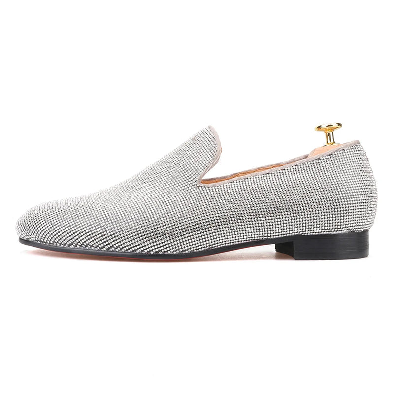 Handmade men's smoking slippers and loafers in red bottoms for weddings and parties.