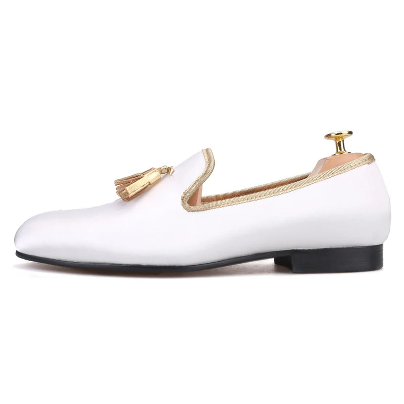 New Mens Satin Shoes with Leather Tassels Handmade for Wedding and Party plus Size Moccasin