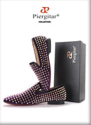 Piergitar 2019 Handmade Purple velvet with gold rivets men loafers Fashion Party and prom somking slippers plus size men's shoes