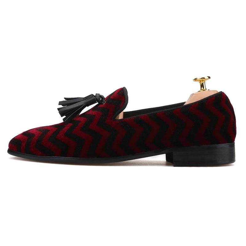 Mix color plaid pattern men's velvet shoes with black leather tassels for wedding and party men's dress shoes