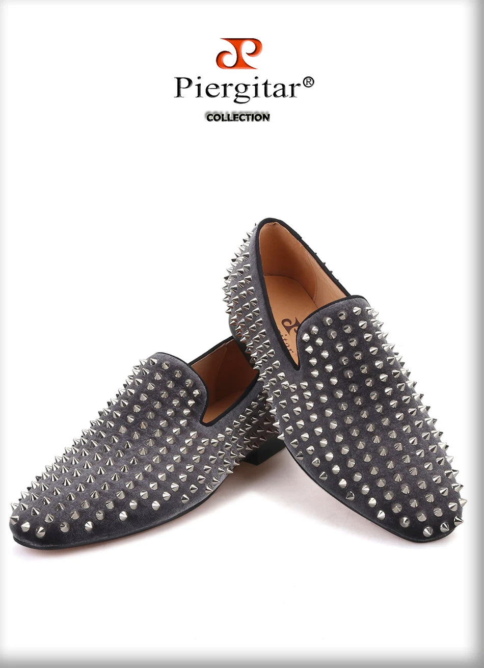 Piergitar  new arrival Handmade men velvet shoes with silver rivets Fashion party and wedding men loafers male's flats