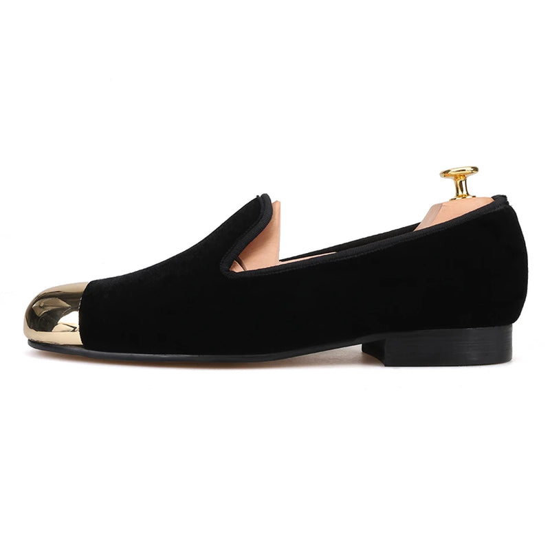 PIERGITAR 2020 Handmade Men velvet Shoes New Metal toe Black colors smoking slipper male prom and banquet loafers