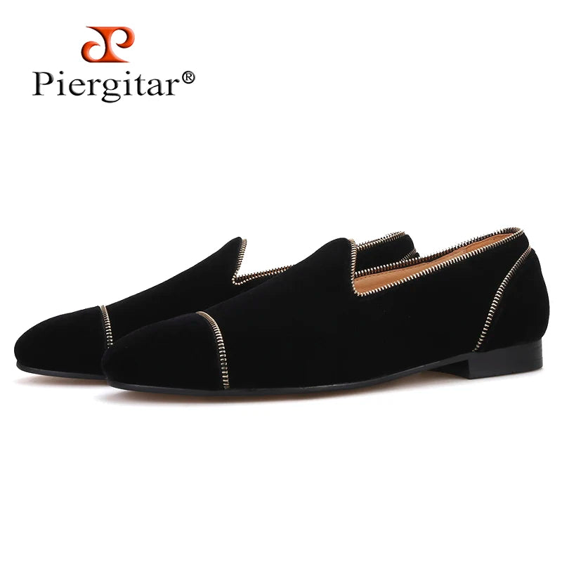 Piergitar Black colors velvet handmade men's loafers with Zippers design party and wedding smoking slippers leather insole
