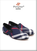 Piergitar Blue and white plaid canvas shoes luxurious brand men loafers black pig leather insole men's casual shoes men's flats
