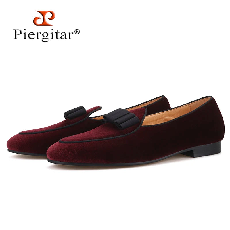 Piergitar 2019 dark red colors velvet men shoes with bow-knot designs Wedding men's loafers handmade men smoking slippers