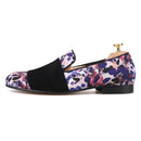 Loafers for Men in Animal Print Cotton Fabric with Black Suede Straps Casual Style for Parties, Banquets and Prom