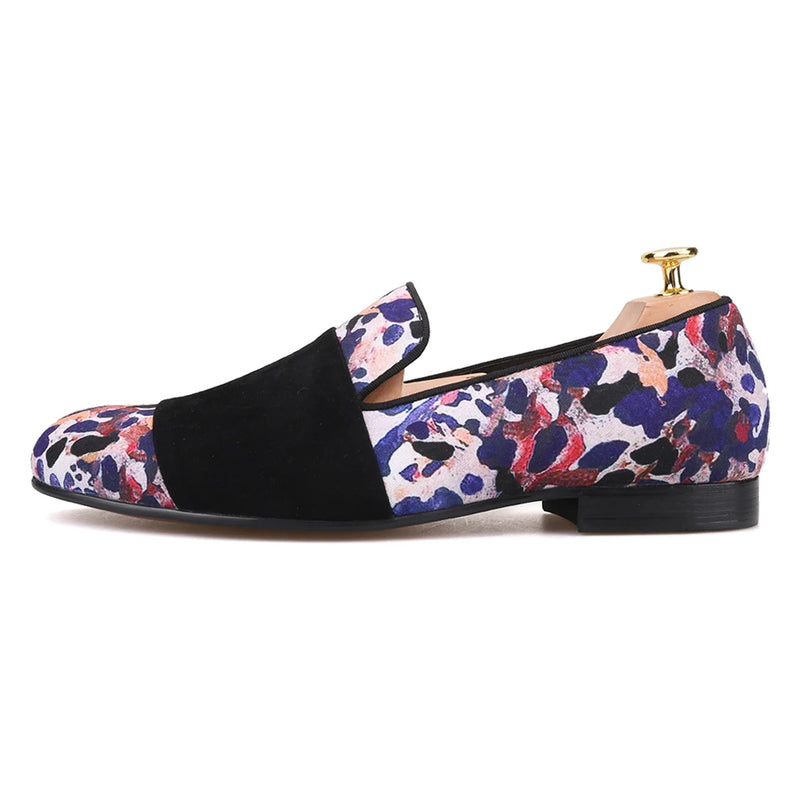 Loafers for Men in Animal Print Cotton Fabric with Black Suede Straps Casual Style for Parties, Banquets and Prom