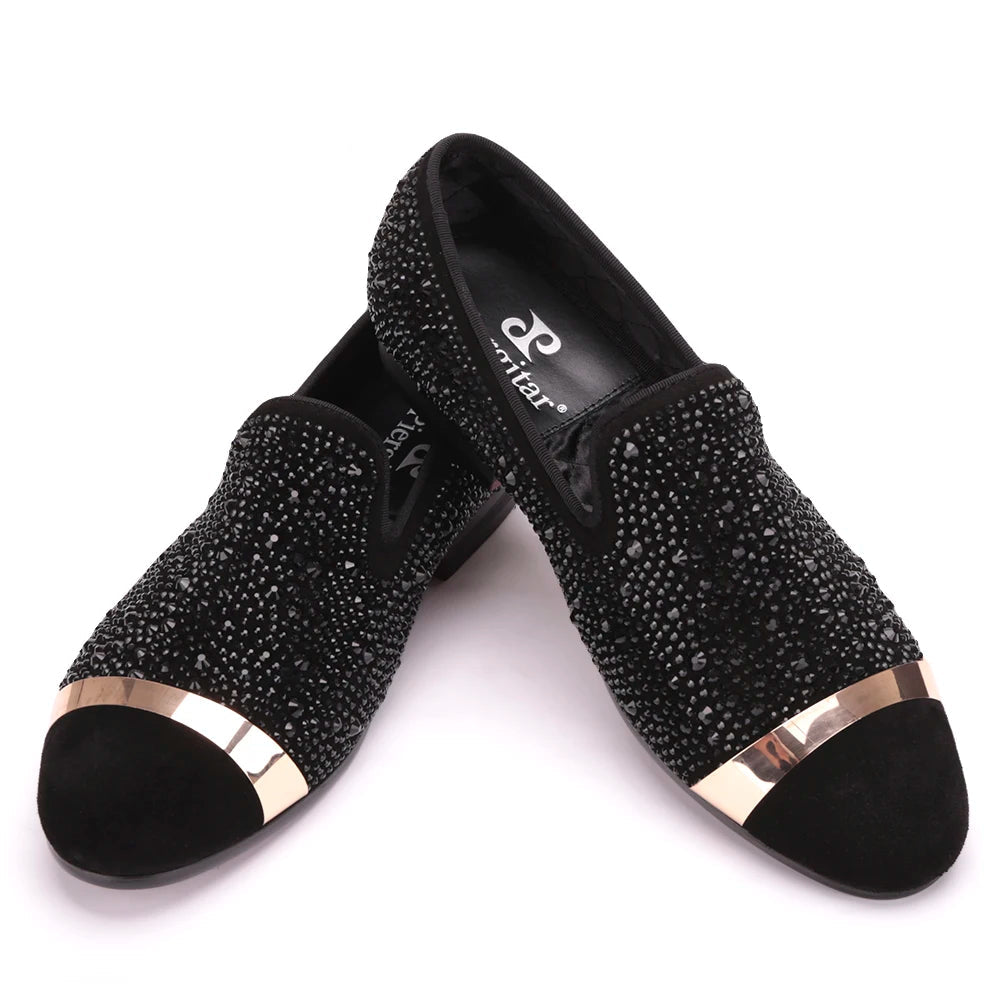 Handmade Black Diamonds men's suede loafer with gold strap and leather insole, for banquets and prom
