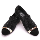 Handmade Black Diamonds men's suede loafer with gold strap and leather insole, for banquets and prom